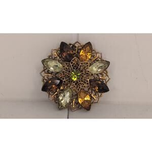 Vintage Stunning Multi-Color Amber Crystal Glass Rhinestone Brooch W/ Green